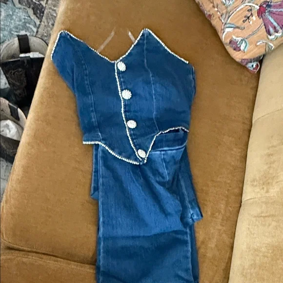 Denim Jumpsuit with Rhinestone Trim - Picture 9 of 9